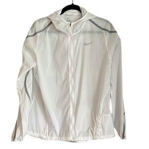 Nike White Lightweight Hooded Windbreaker Jacket with Gray Accents